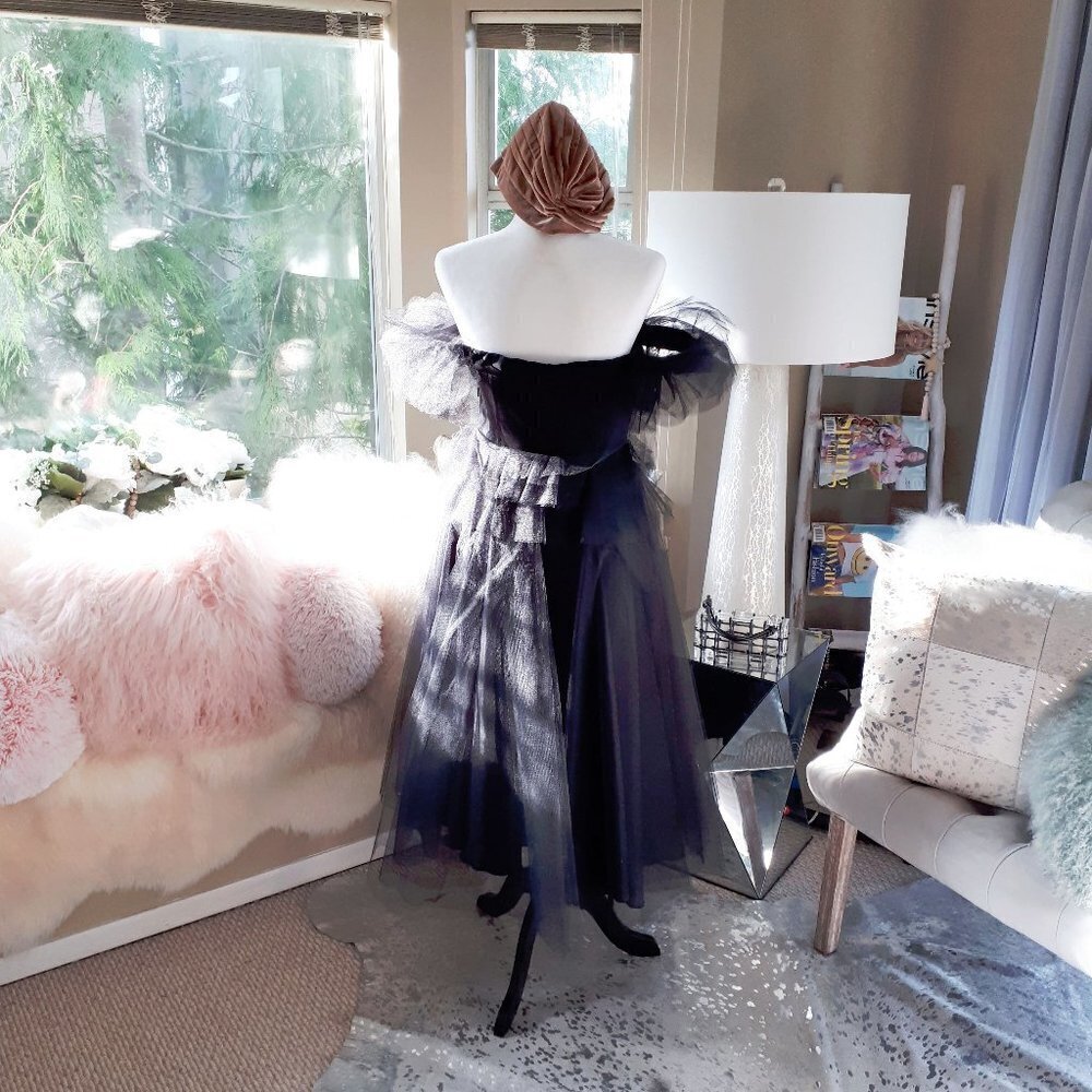 NWOT Imperial Maska Mode black tulle organza tiered ruffle long holiday dress, M - Picture 4 of 15